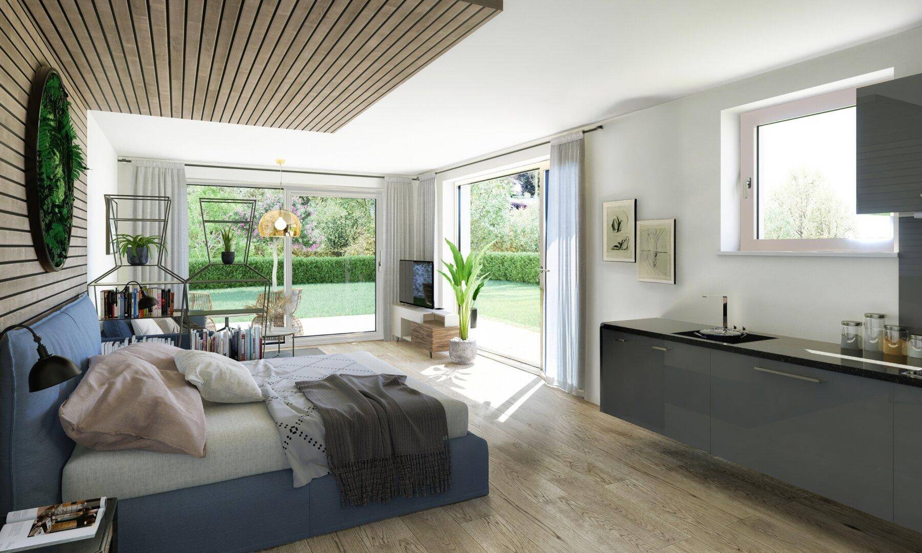 Helles Schlafzimmer mit Holzboden, integrierter Küchenzeile und Blick in den Garten.