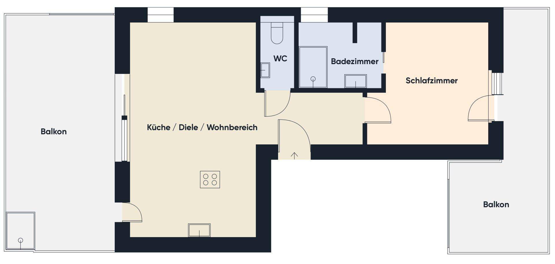 Grundriss der Wohnung mit offener Küche, Schlafzimmer, Bad und zwei Balkonen.