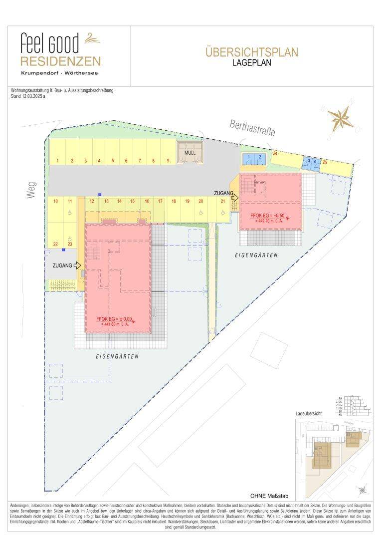 Übersichtsplan der Feel Good Residenzen in Krumpendorf am Wörthersee mit Gebäuden, privaten Gärten und Parkplätzen.