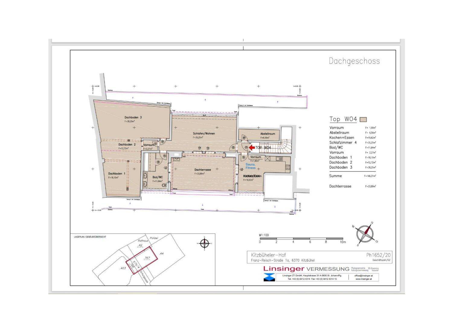 Grundriss des Dachgeschosses mit Dachterrasse und weiteren Wohnbereichen, inklusive Dachschrägen.