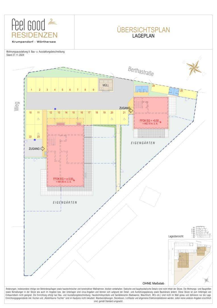 Übersichtsplan des Grundstücks mit zwei Gebäuden, Zufahrten und Gartenbereichen.