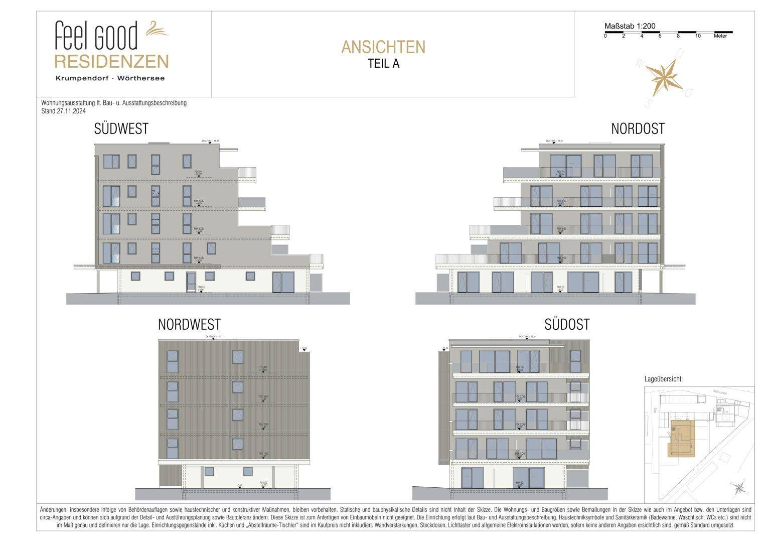 Architektonische Ansichten des Gebäudes von verschiedenen Himmelsrichtungen.