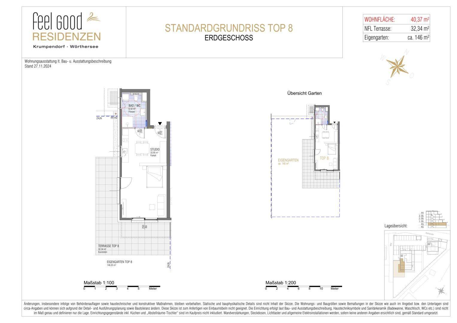 Standardgrundriss der Erdgeschosswohnung Top 8 mit Terrasse und eigenem Garten.