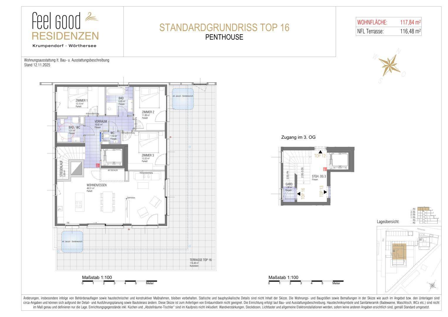 Grundriss des Penthouses Top 16 mit drei Schlafzimmern, zwei Bädern und weitläufiger Terrasse.