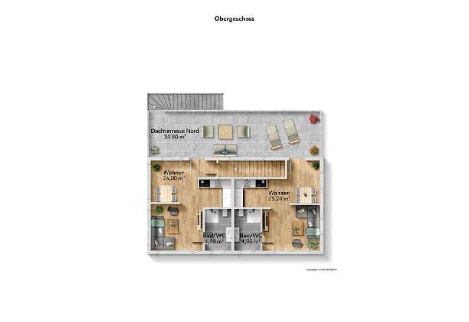 Grundriss des Obergeschosses mit zwei Wohnbereichen und großer Dachterrasse.