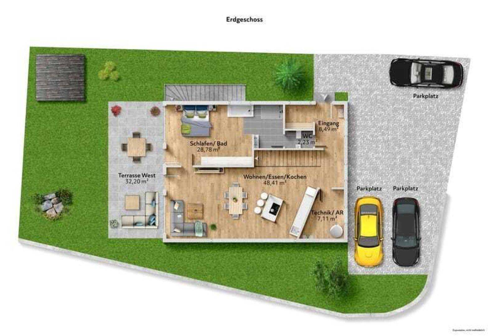 Grundriss des Erdgeschosses mit Wohn-/Essbereich, Schlafzimmer und Terrasse.
