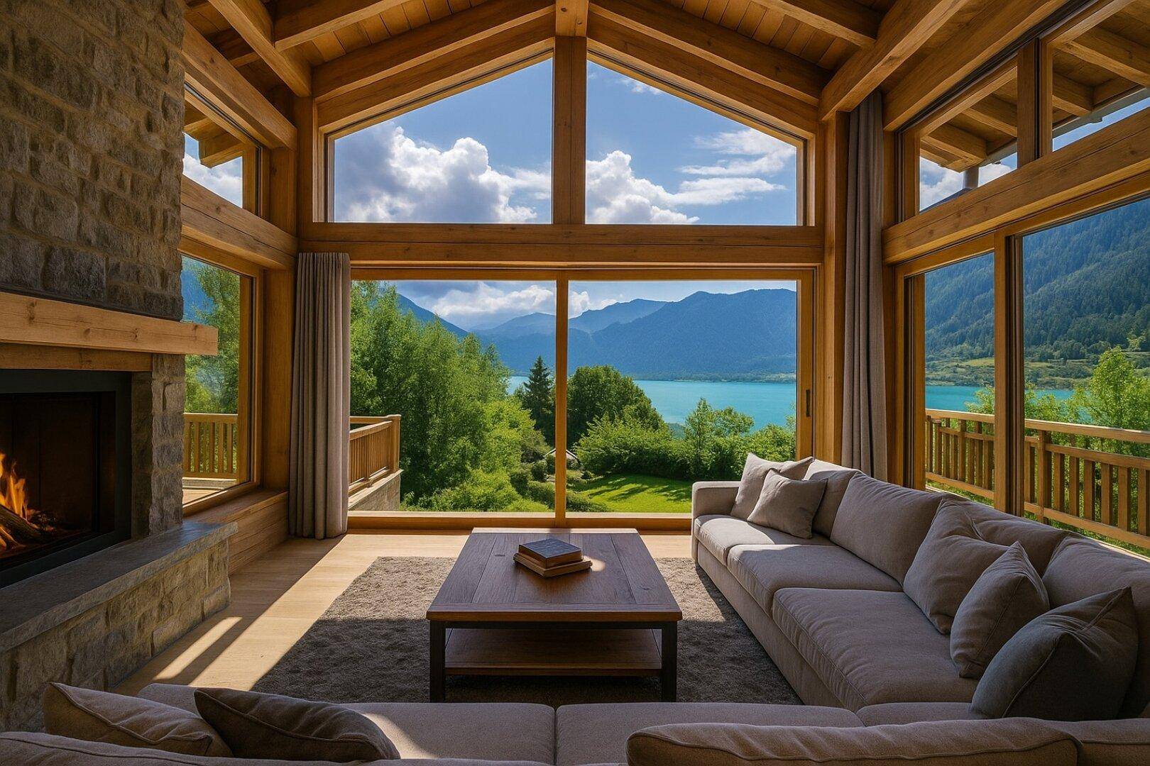 Gemütliches Wohnzimmer mit Holzbalkendecke, Steinkamin und atemberaubendem See- und Bergblick.