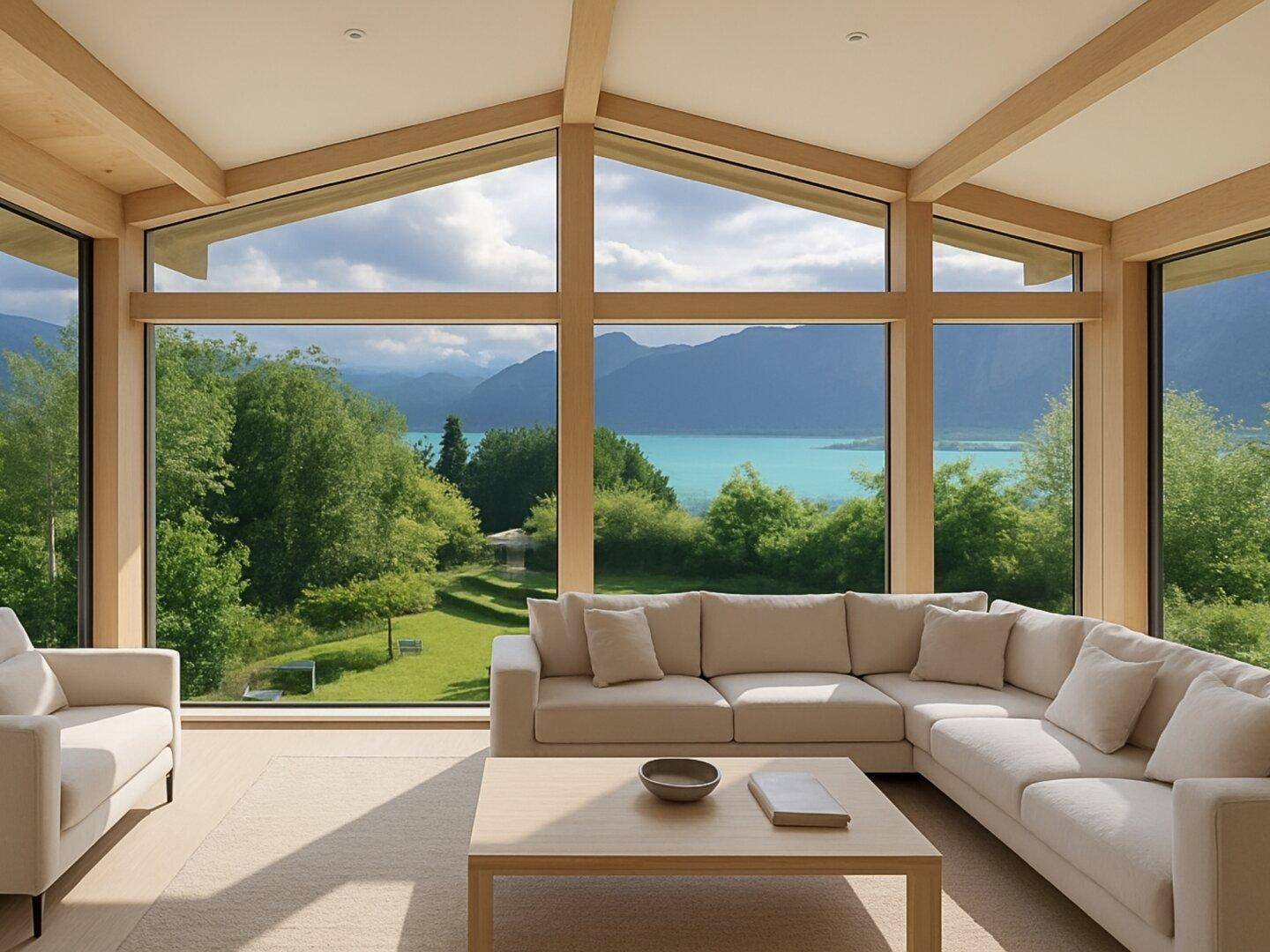 Helles Wohnzimmer mit hohen Decken, großen Fenstern und weitem Blick auf den See und die Berge.