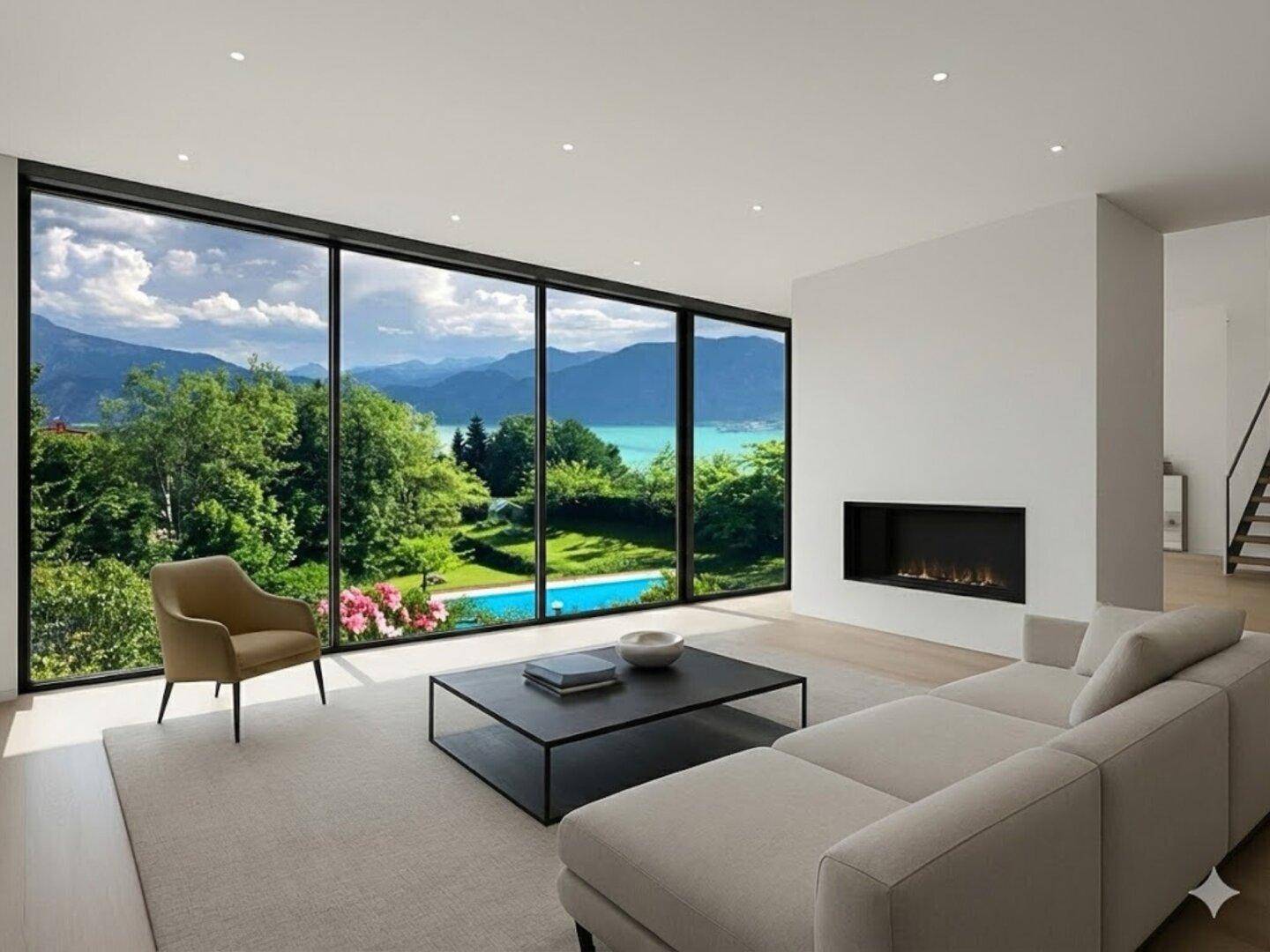 Modernes Wohnzimmer mit raumhohen Fenstern, integriertem Kamin und Panoramablick auf See und Berge.