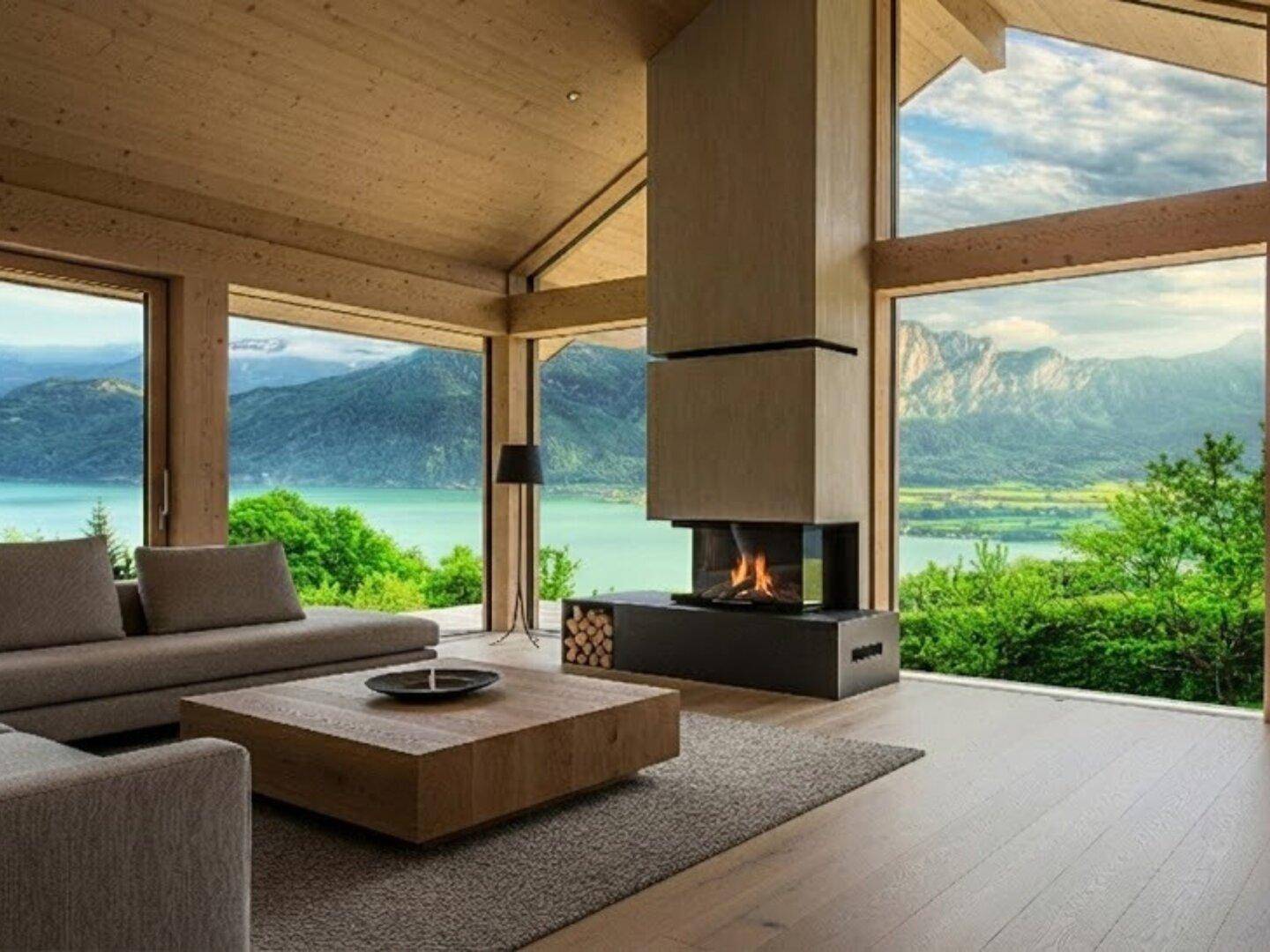 Wohnzimmer mit markantem Kamin, Holzbalkendecke und weitem Blick auf den See und die Berge.