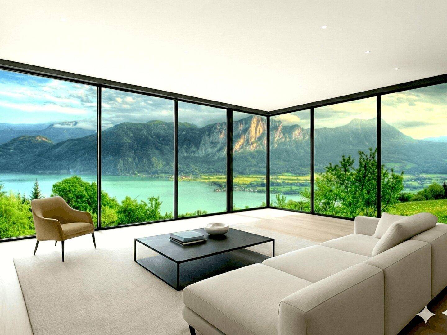 Helles, modernes Wohnzimmer mit raumhohen Fenstern und beeindruckendem Panoramablick auf See und Berge.
