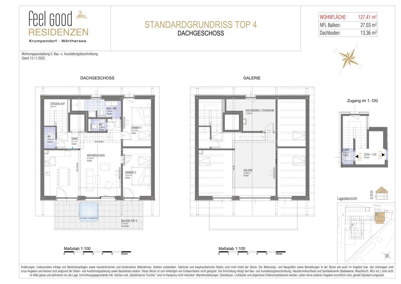 Dieser Standardgrundriss zeigt eine Maisonette-Wohnung im Dachgeschoss mit offenem Wohn-Essbereich, zwei Schlafzimmern und einem Balkon.