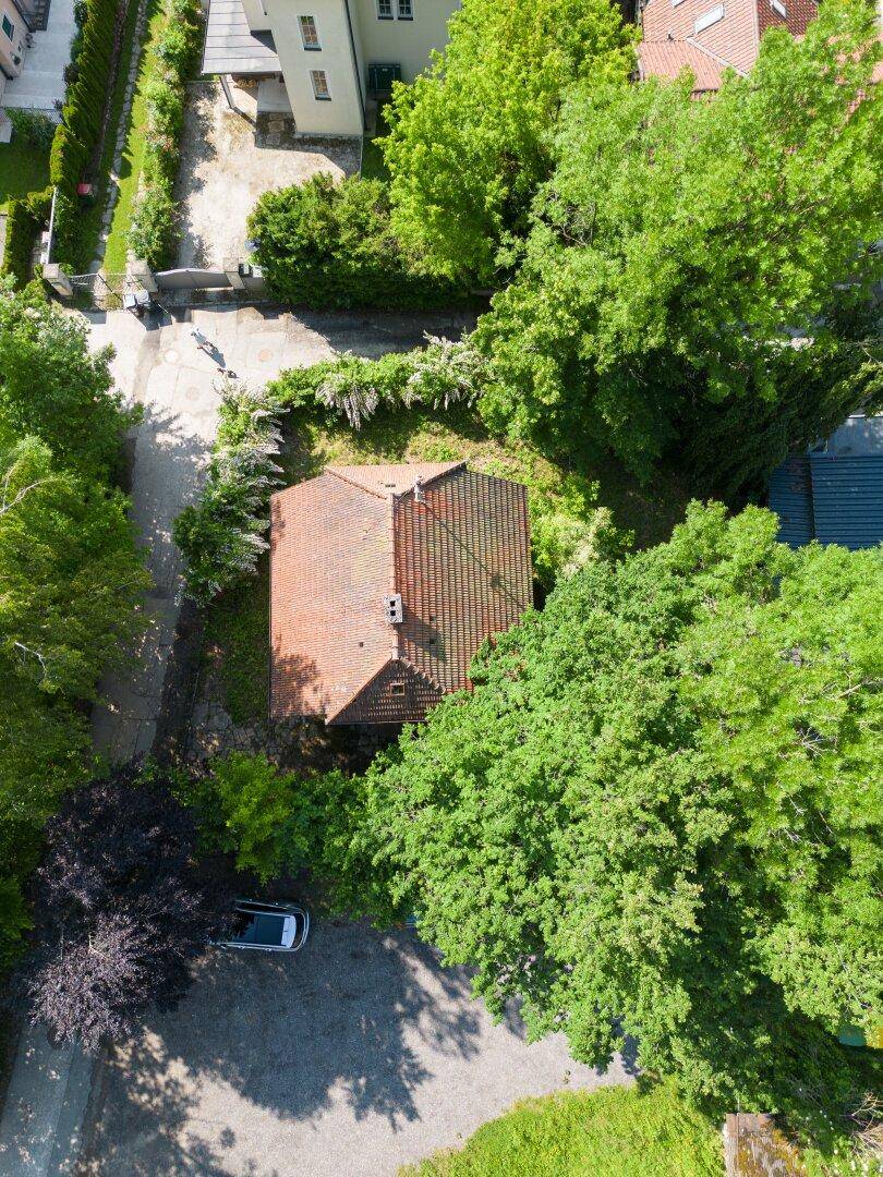 Luftaufnahme eines Hauses mit Ziegeldach, umgeben von dichtem Baumbestand.