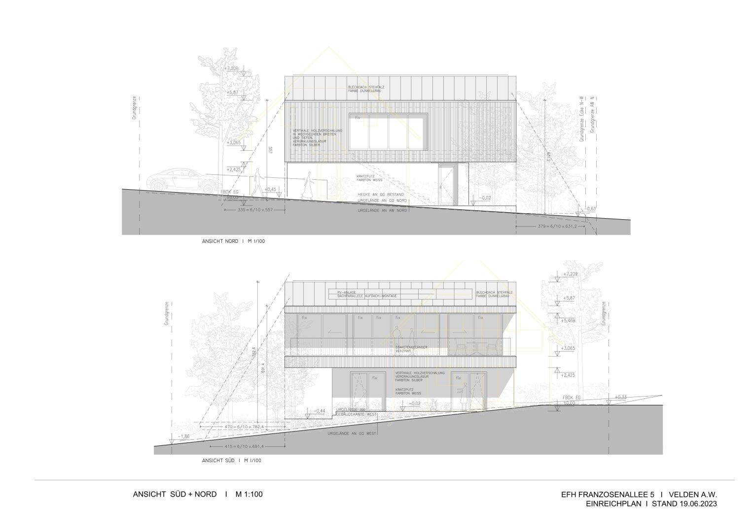 Architektonische Ansichten des Gebäudes von Norden und Süden mit modernen Linien.