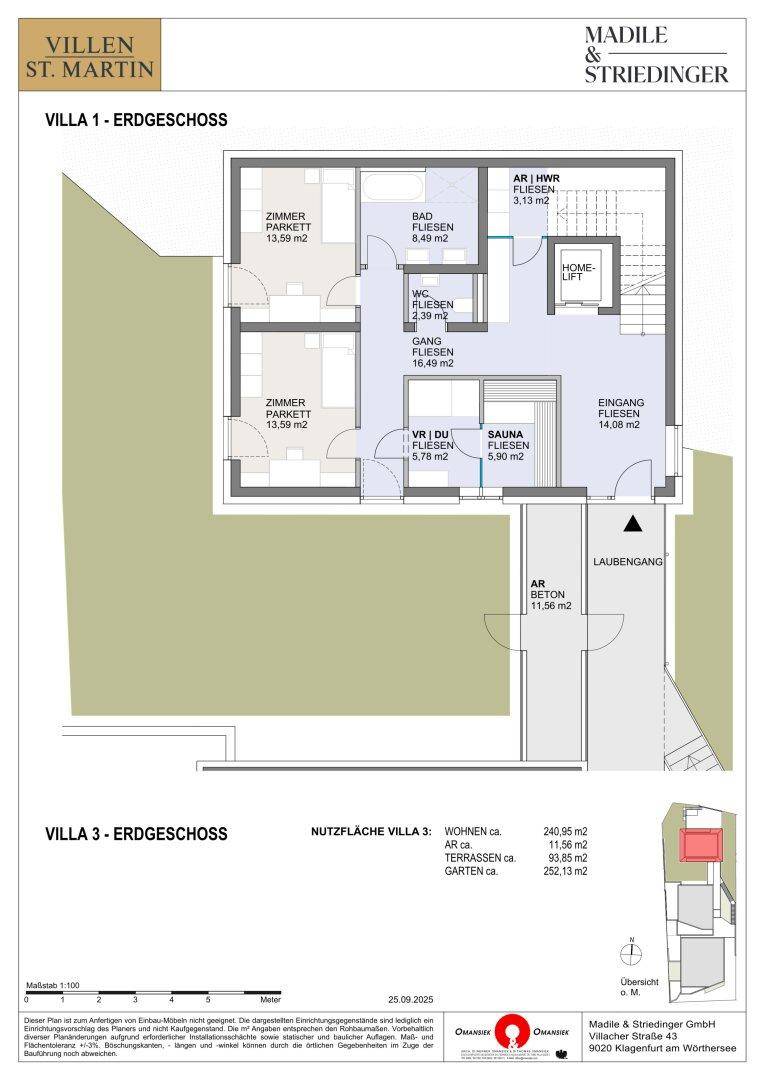 Grundriss des Erdgeschosses von Villa 3 mit zwei Zimmern, Bad, WC und Sauna.