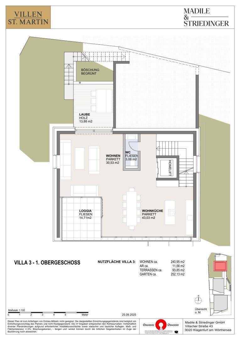 Grundriss des ersten Obergeschosses von Villa 3 mit Wohnküche und Loggia.