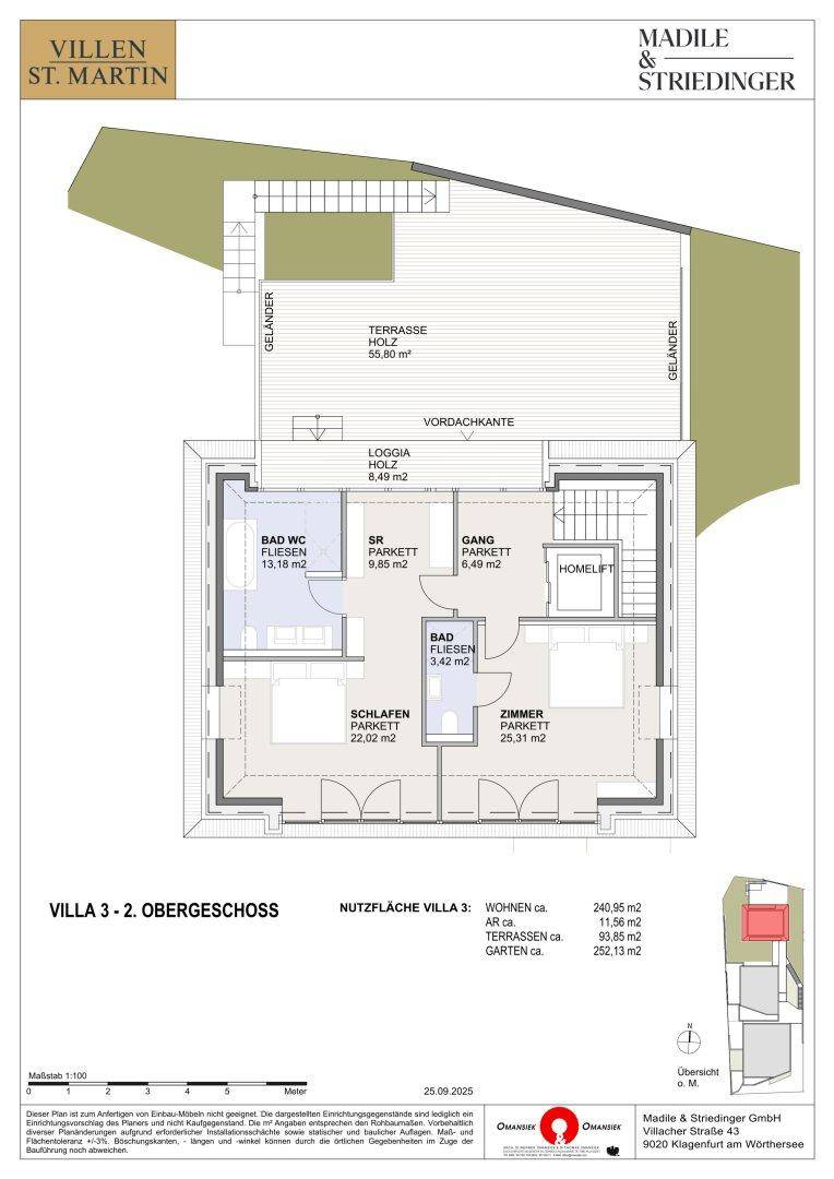 Grundriss des zweiten Obergeschosses von Villa 3 mit zwei Schlafzimmern, zwei Bädern und großer Terrasse.