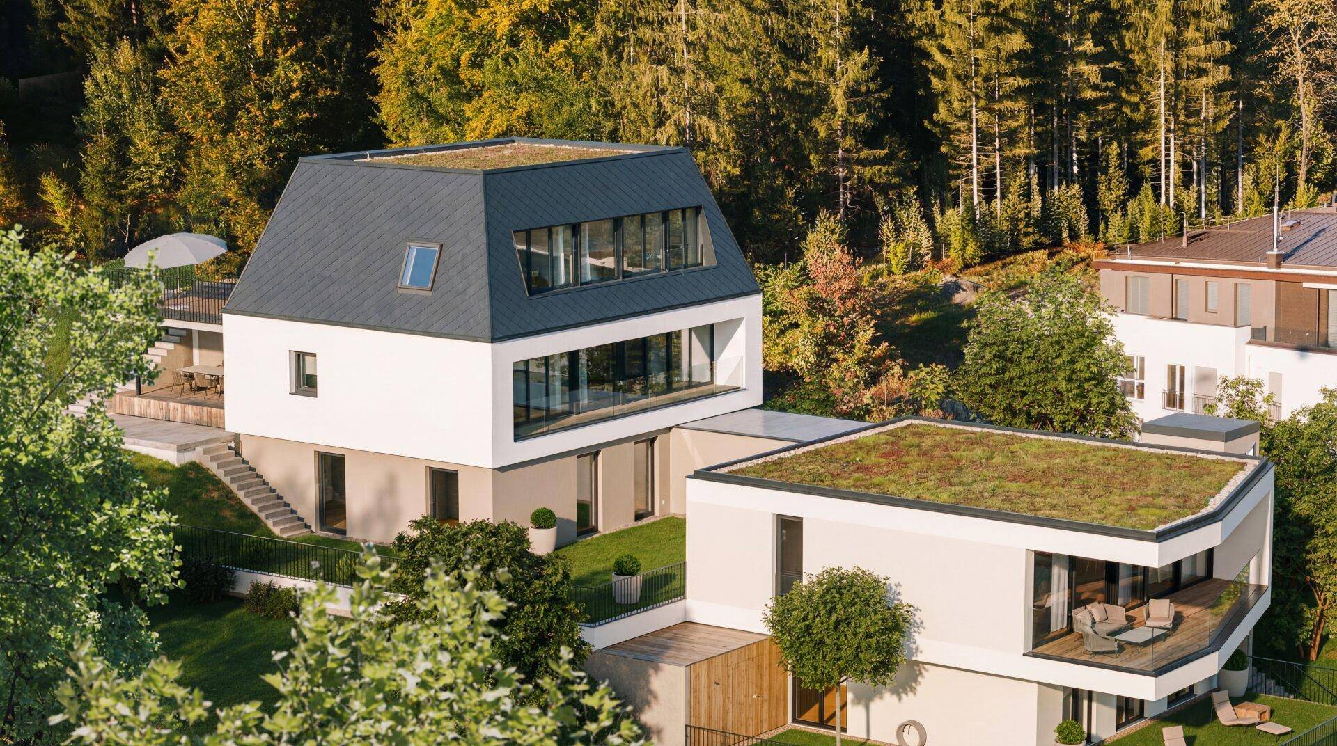 Zwei moderne Villen mit begrünten Dächern, großen Fensterfronten und umgeben von Wald.