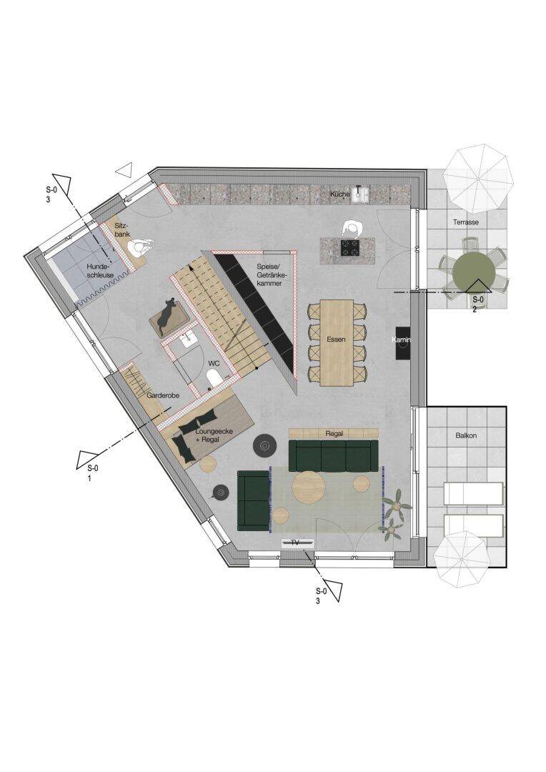 Grundriss des Erdgeschosses mit offenem Wohnbereich, Küche, Esszimmer und Terrasse.