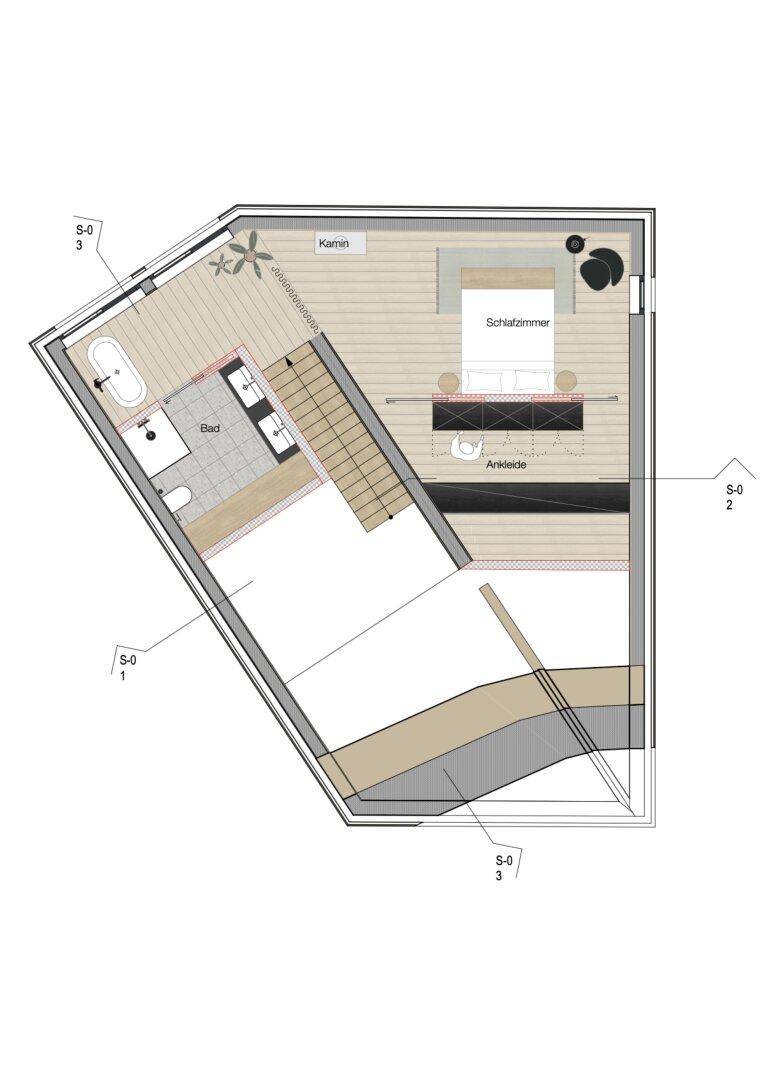 Grundriss des Obergeschosses mit Schlafzimmer, Ankleide, Bad und Kamin.