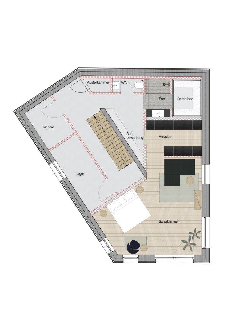 Grundriss des Untergeschosses mit Schlafzimmer, Bad, Abstellraum und Technikraum.
