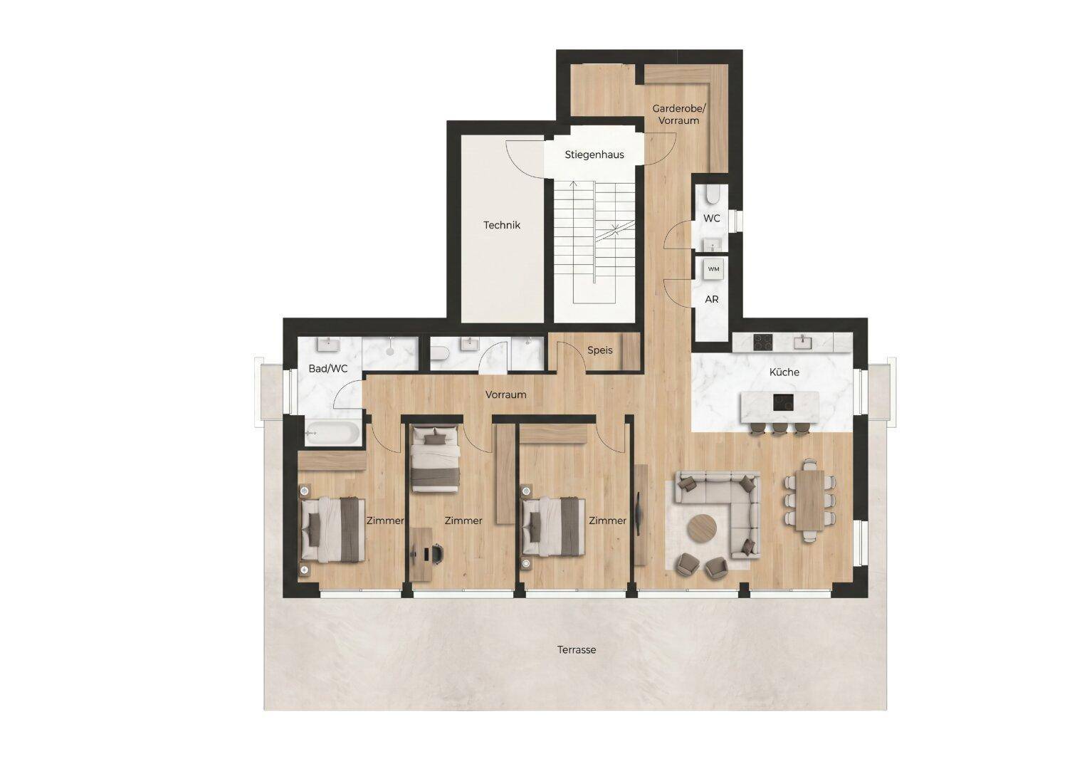 Detaillierter Grundriss einer Wohneinheit mit drei Zimmern, offener Küche und Terrasse.