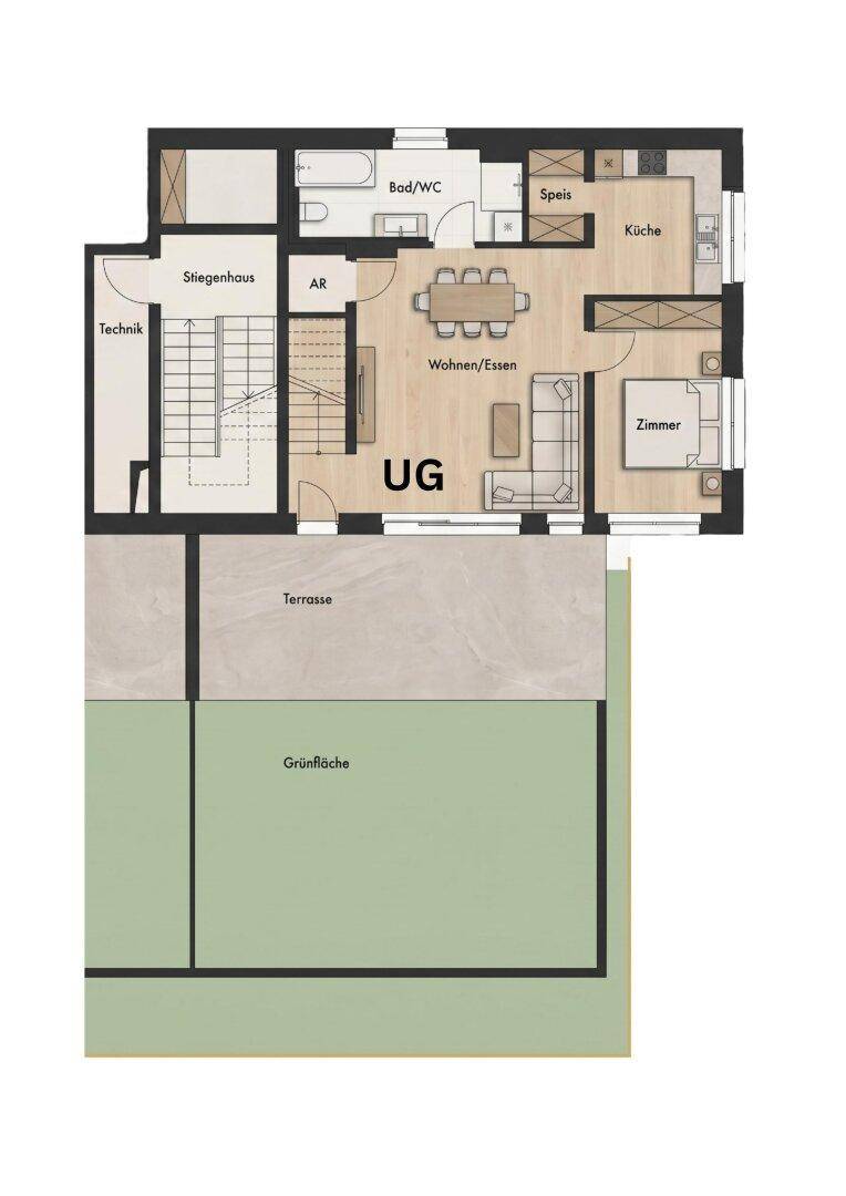 Grundriss des Untergeschosses mit offenem Wohn-Essbereich, Küche und Zugang zur Terrasse und Grünfläche.