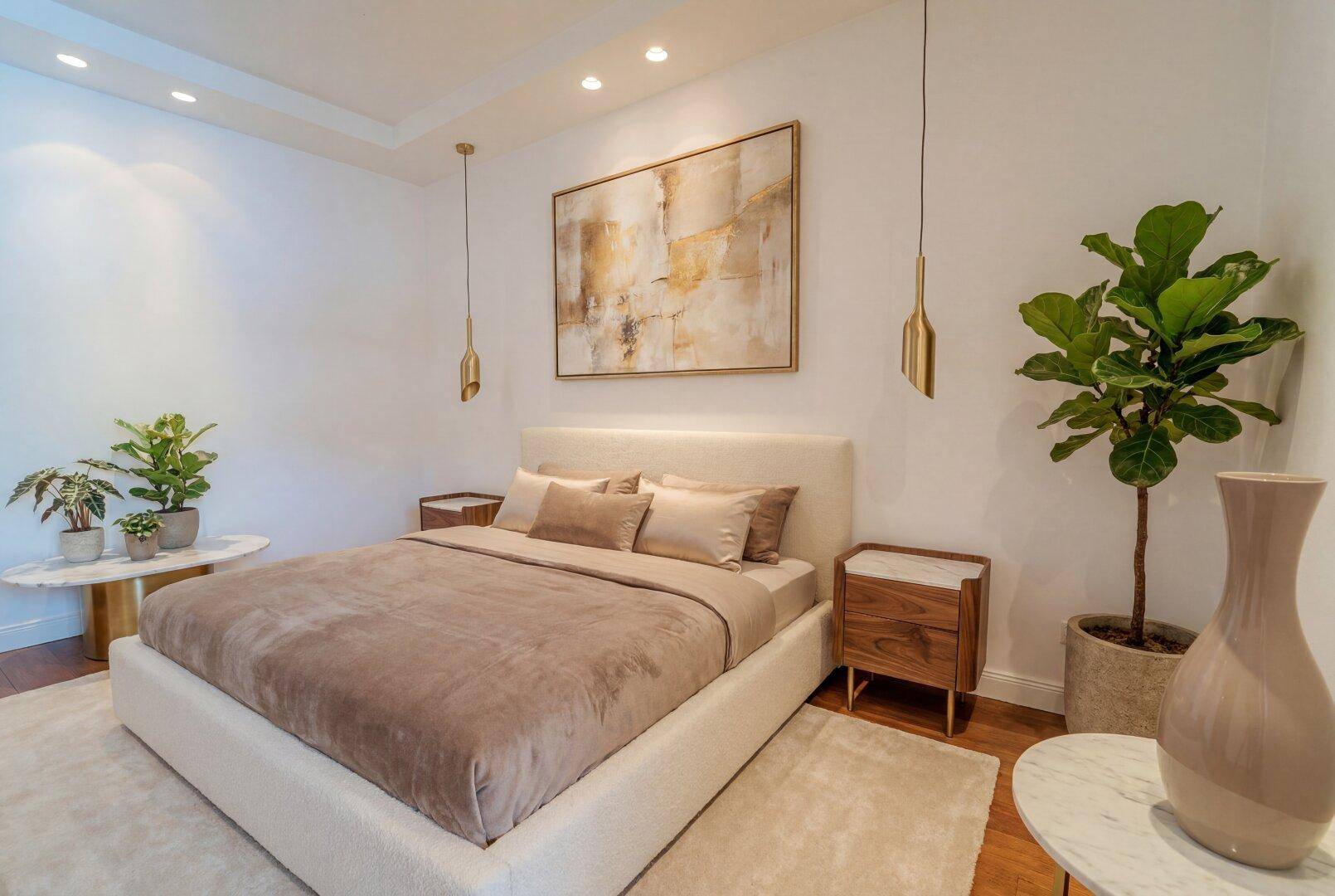Modernes Schlafzimmer mit hellem Teppich, Kunstwerk und Pflanzen, bietet eine ruhige und stilvolle Atmosphäre.