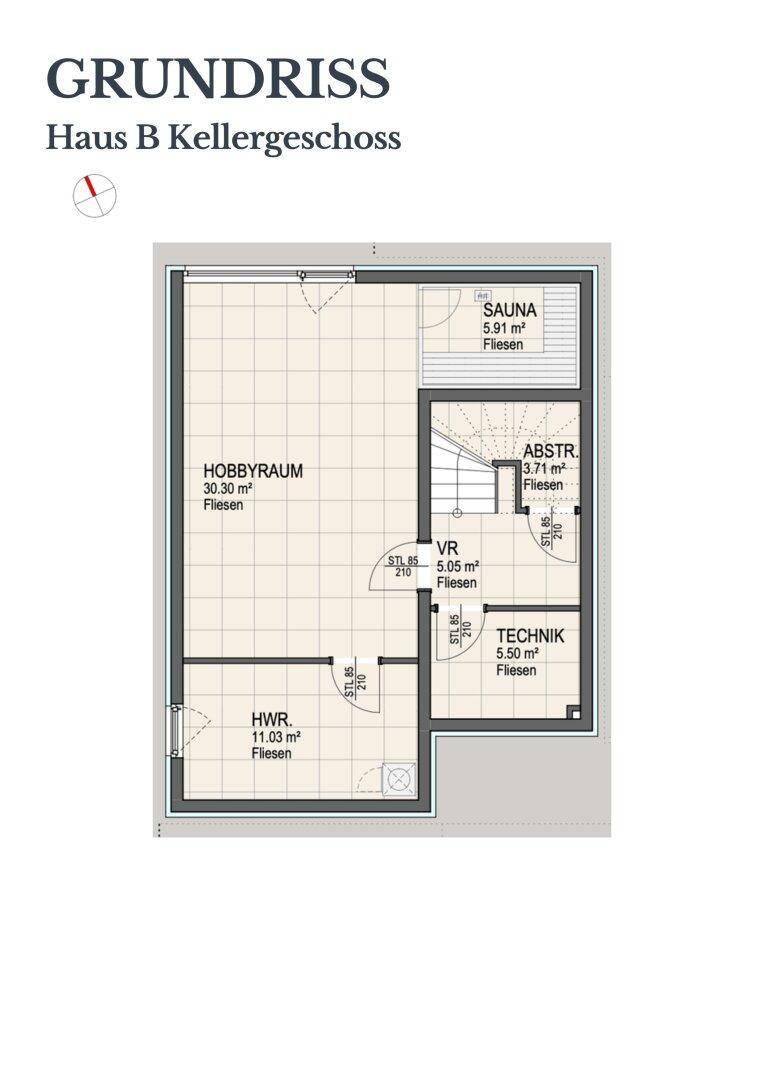 Grundriss des Kellergeschosses von Haus B mit Hobbyraum, Sauna, Abstellraum und Technikbereich.