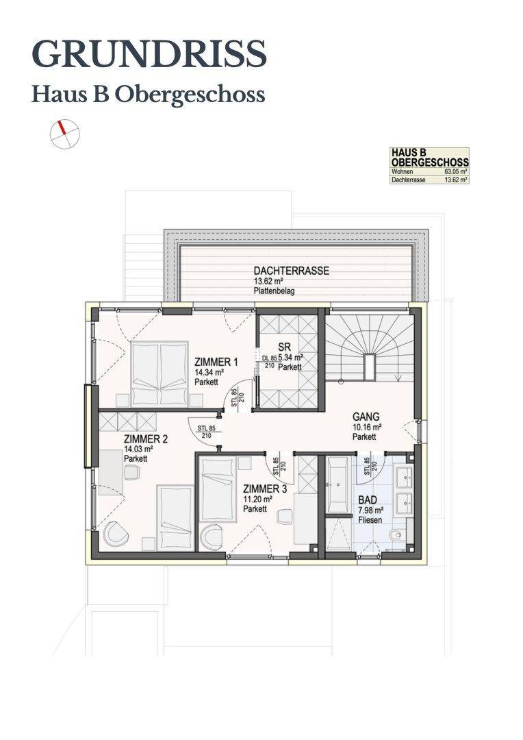 Grundriss des Obergeschosses von Haus B mit drei Schlafzimmern, einem Badezimmer und einer großzügigen Dachterrasse.