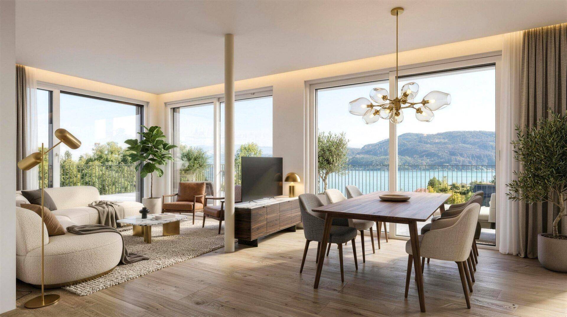 Helles Wohn-Esszimmer mit großen Fenstern, Holzboden und atemberaubendem Blick auf den See und die Berge.