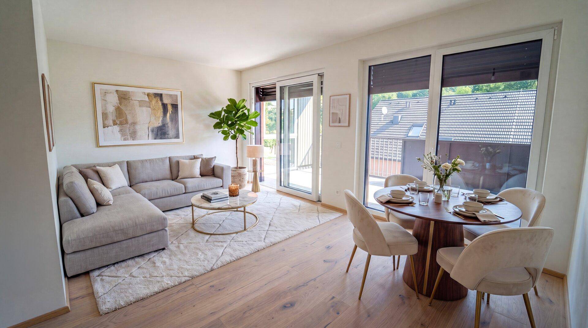 Heller Wohn-Essbereich mit Ecksofa, Esstisch und Zugang zu einem Balkon oder einer Terrasse.