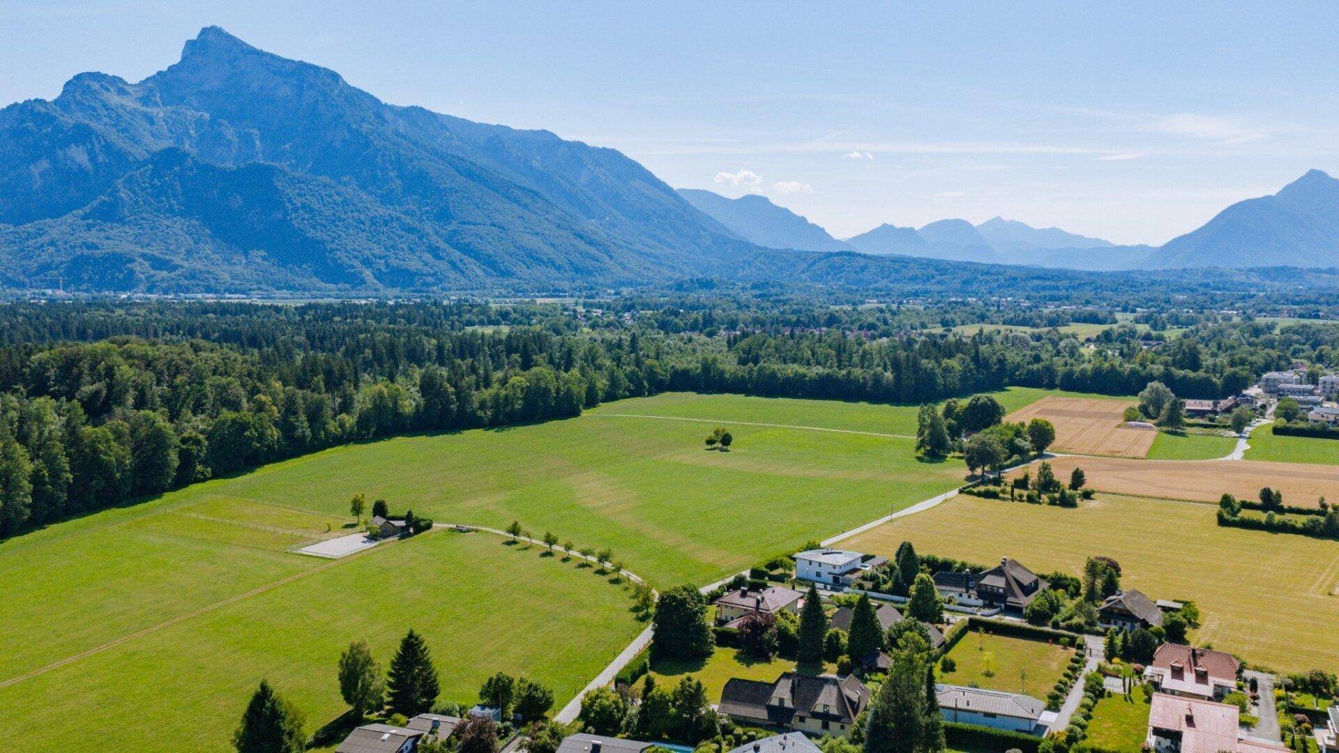 Panoramablick aus der Luft auf eine ländliche Wohngegend mit Feldern, Wäldern und einer Bergkette am Horizont.