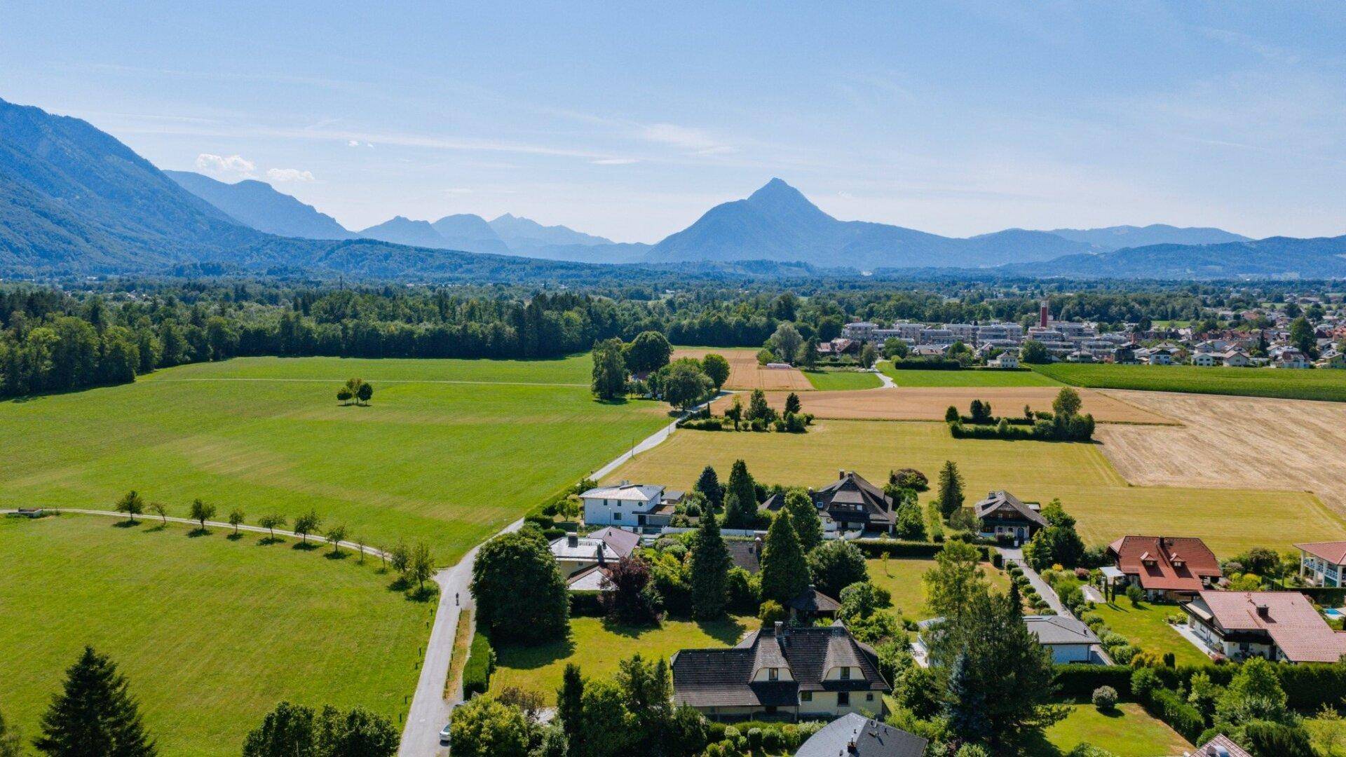 Luftaufnahme einer idyllischen Wohngegend mit Einfamilienhäusern, umgeben von grünen Feldern und einer malerischen Bergkulisse.