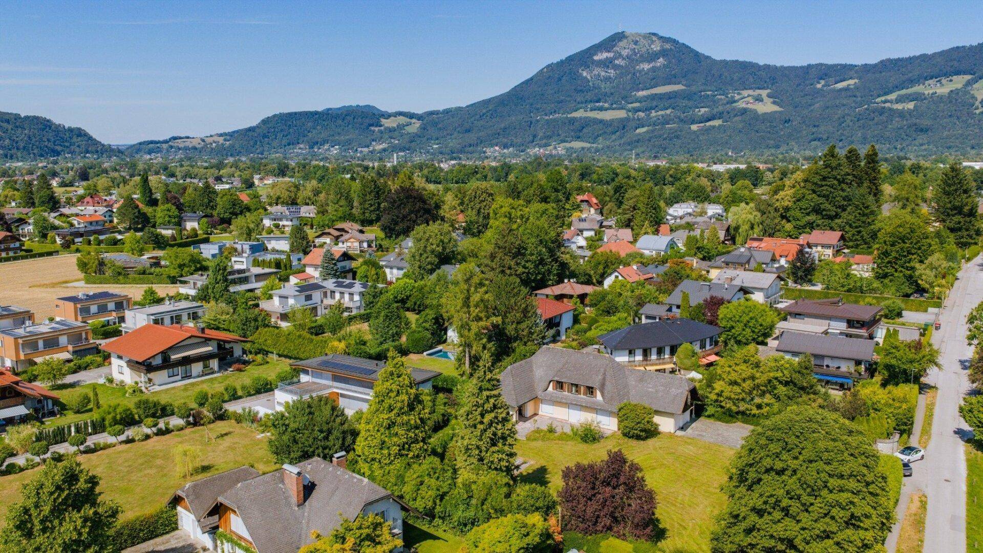 Luftaufnahme einer dicht bewachsenen Wohnsiedlung mit vielen Bäumen und grünen Hügeln im Hintergrund an einem sonnigen Tag.