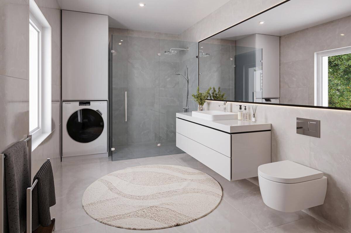 Modernes Badezimmer mit begehbarer Dusche, schwebendem Waschtisch und integrierter Waschmaschine.