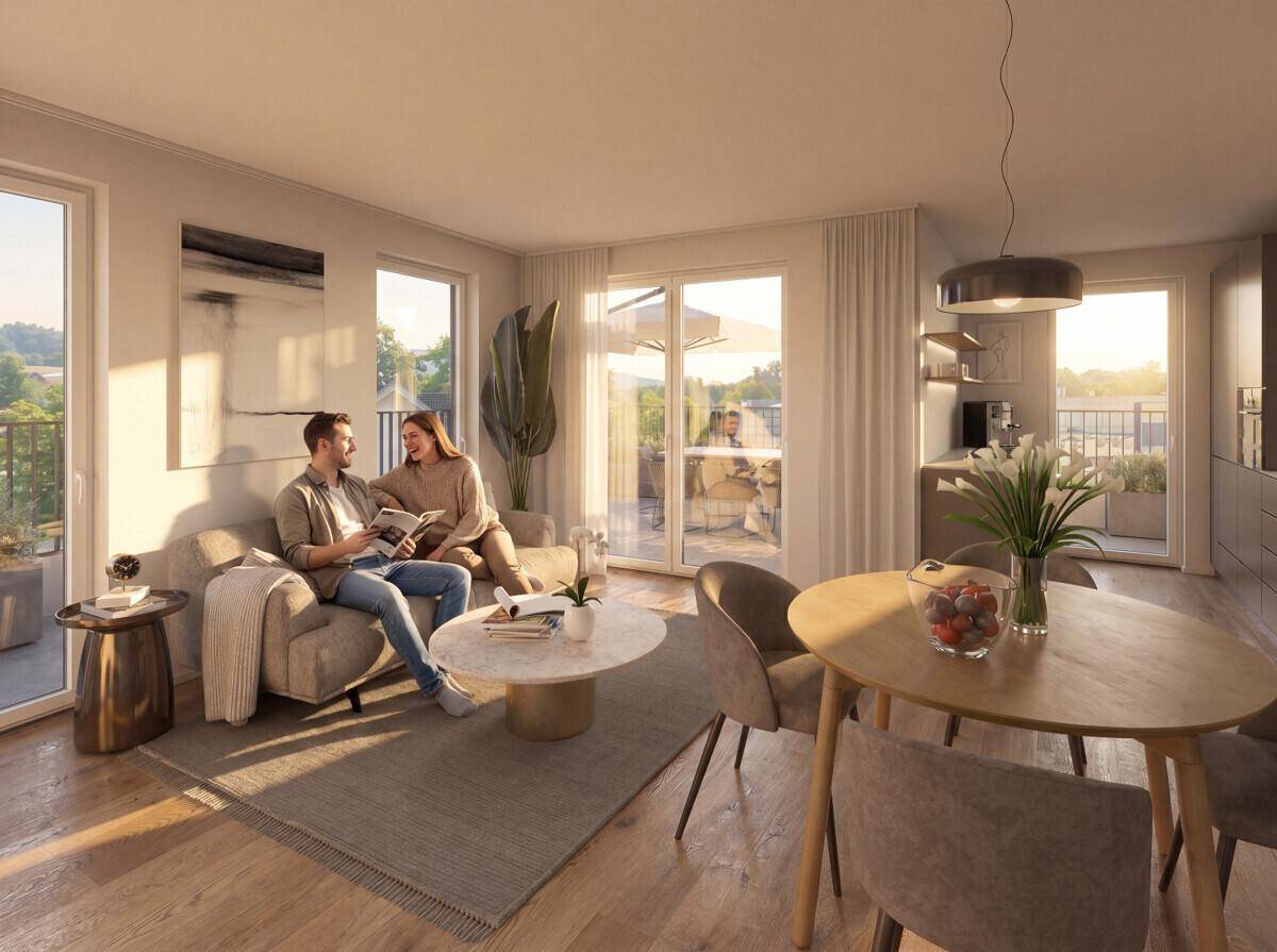 Heller Wohn-Essbereich mit Holzboden, Zugang zum Balkon und moderner Einrichtung.