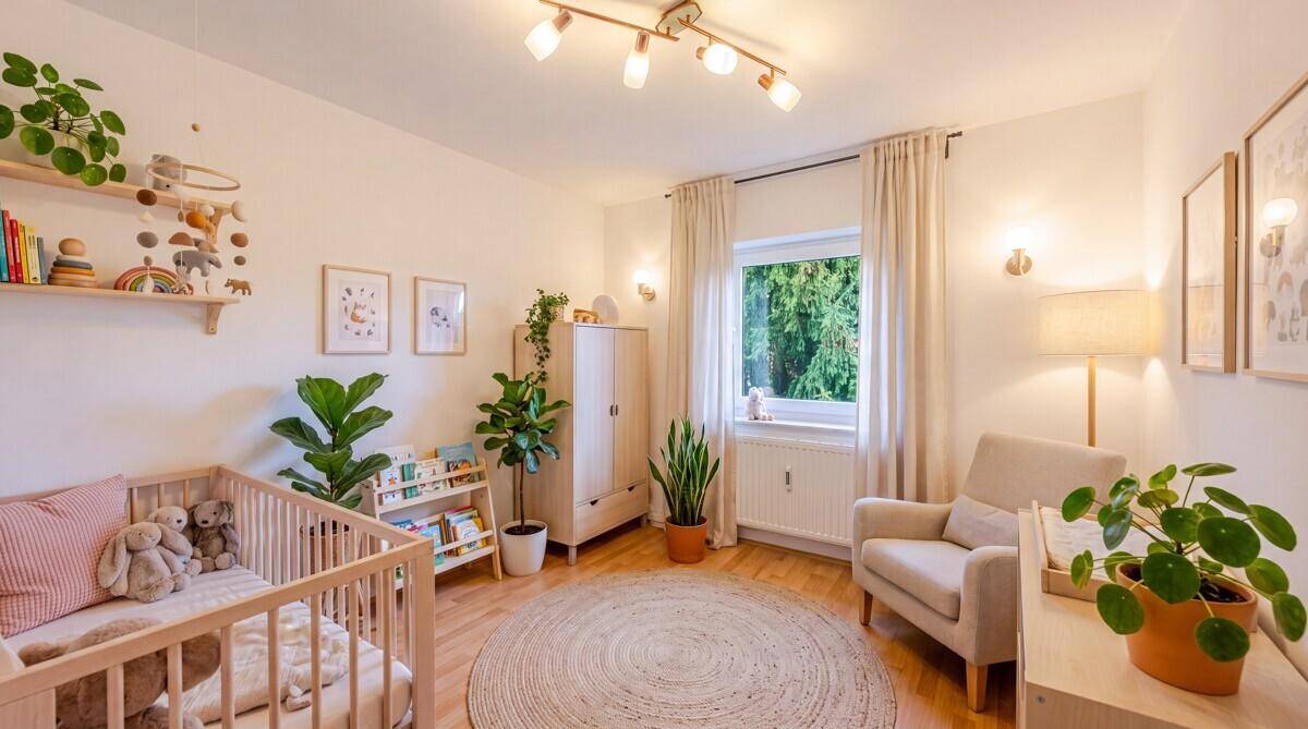 Freundliches Kinderzimmer mit Babybett, Sessel und vielen Pflanzen für eine beruhigende Atmosphäre.