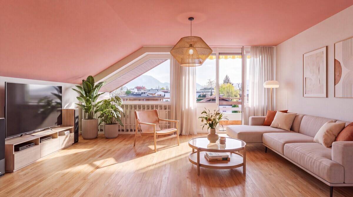 Helles Wohnzimmer mit rosa Decke, Holzboden und großem Fenster mit Bergblick.