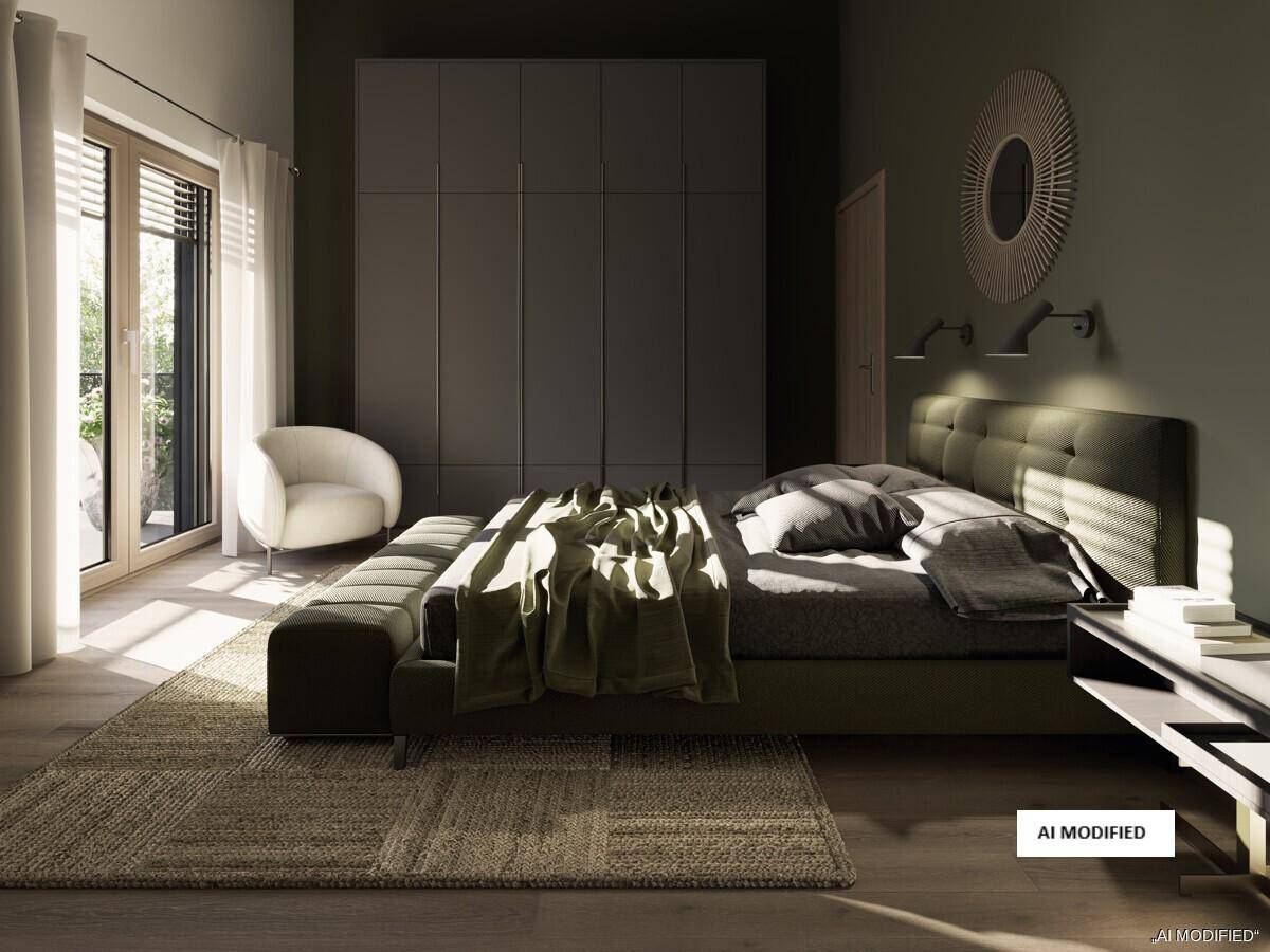 Modernes Schlafzimmer mit dunklen Wänden, großem Bett und Zugang zu einem Balkon oder Garten.