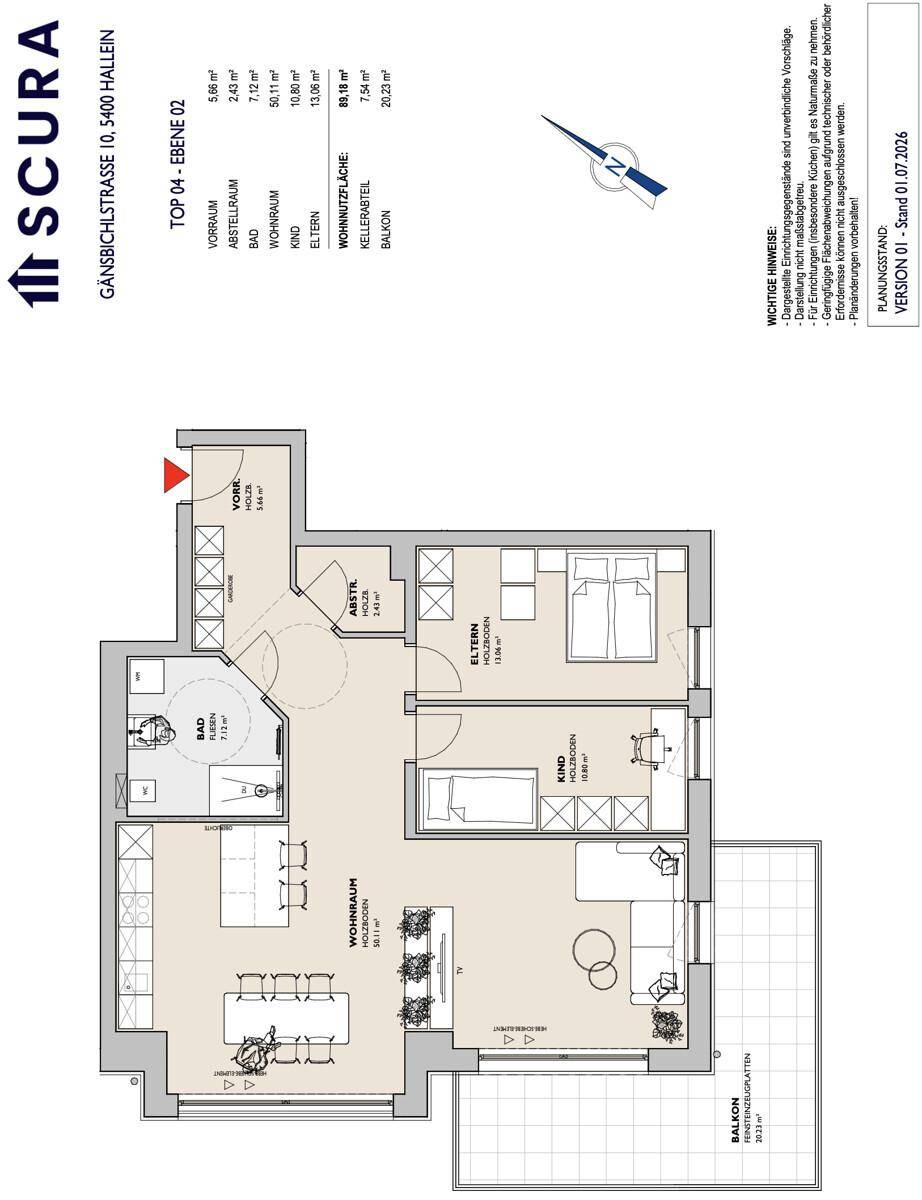 Detaillierter Grundriss einer Wohnung mit drei Schlafzimmern und Balkonzugang.