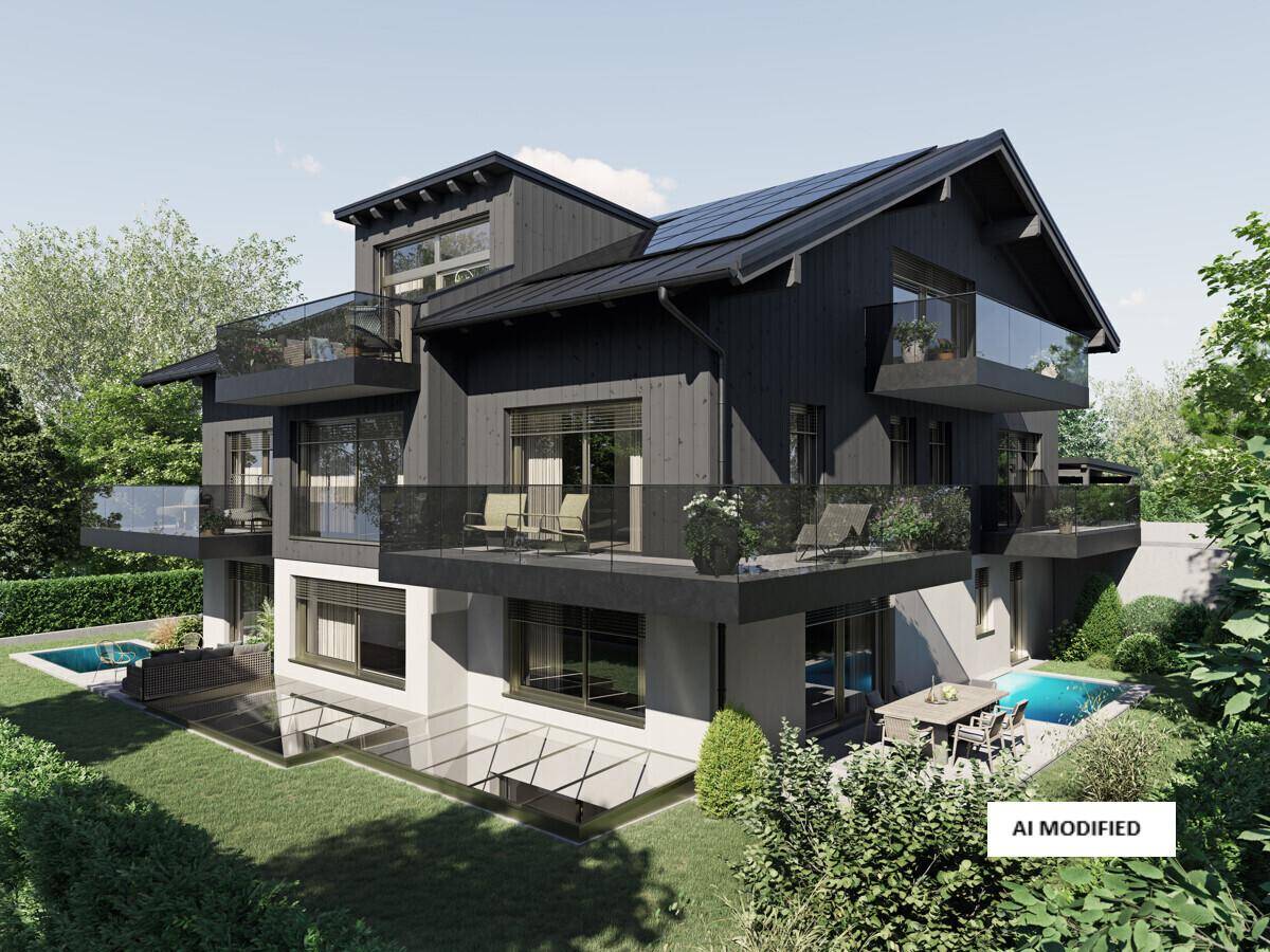 Exklusive Villa mit moderner Architektur, mehreren Balkonen, Garten und kleinen Pools.