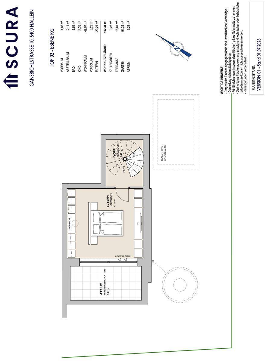 Grundriss des Kellergeschosses mit Schlafzimmer, Atrium und einer eleganten Wendeltreppe.