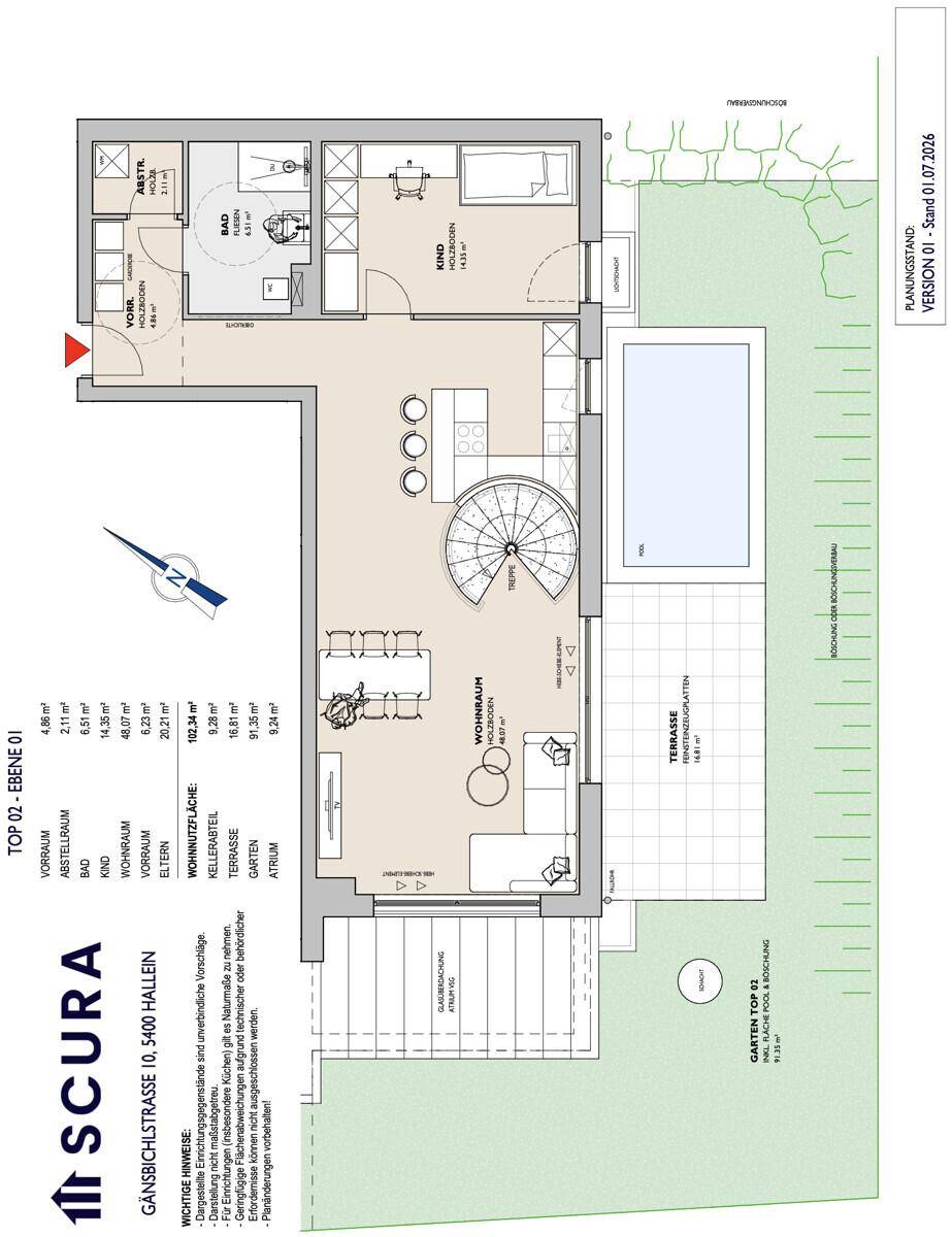 Grundriss der ersten Ebene mit offenem Wohnbereich, Küche, Terrasse, Garten, Pool und Balkon.