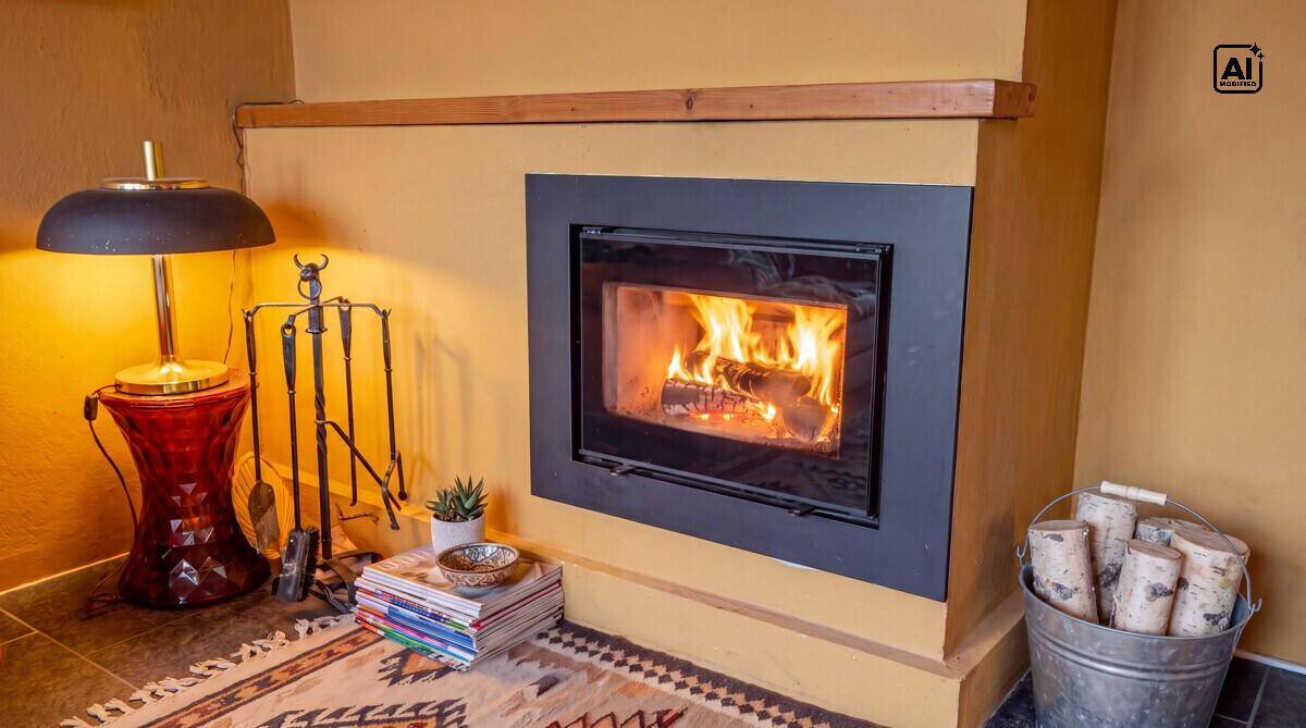 Gemütlicher Kamin mit Holzscheiten und rustikalem Teppich, perfekt für kalte Abende.