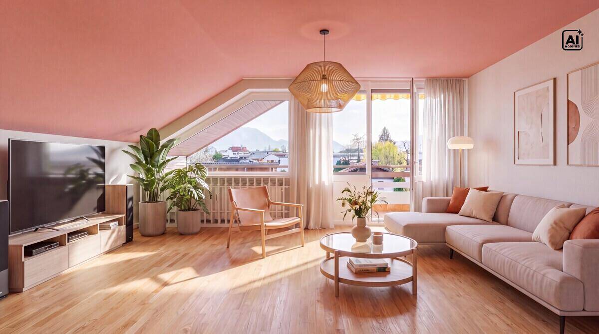Helles Wohnzimmer mit rosa Decke, Holzboden und gemütlicher Sitzecke mit Bergblick.