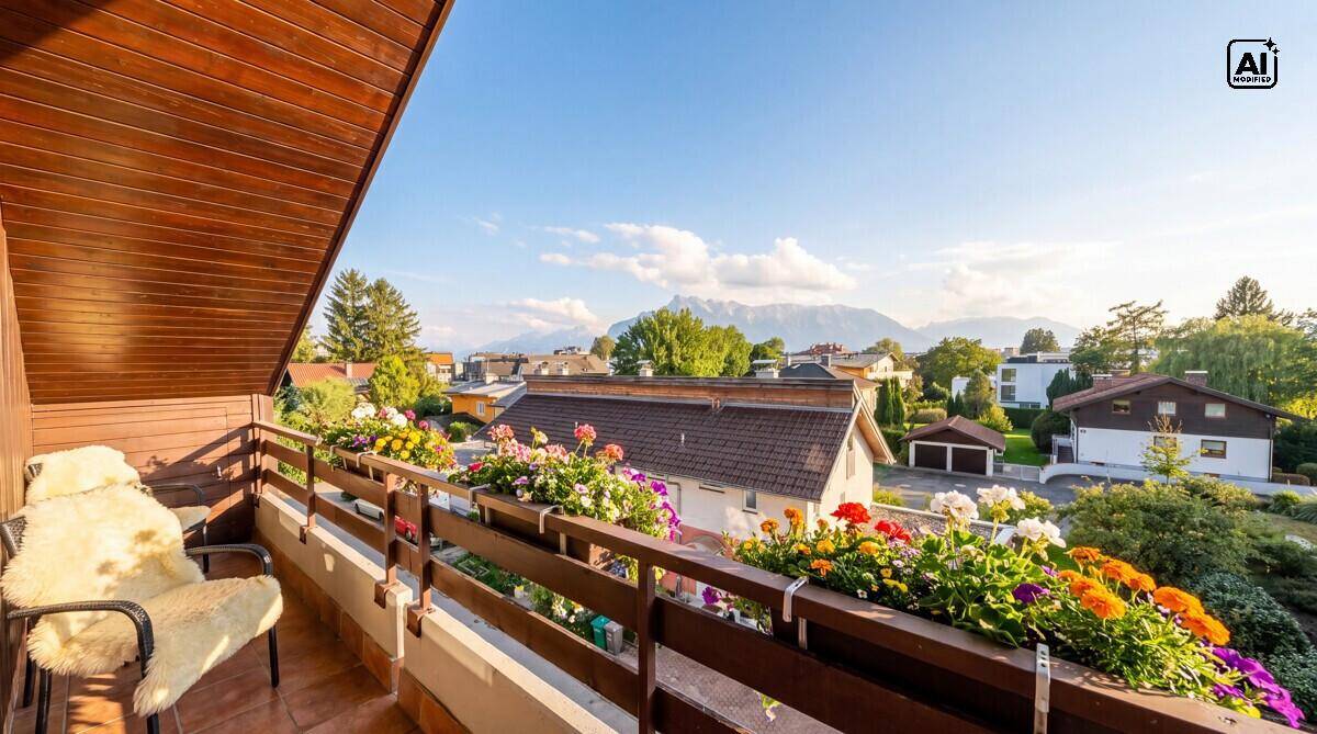 Balkon mit Blumenkästen und Bergblick, ausgestattet mit einem gemütlichen Stuhl.