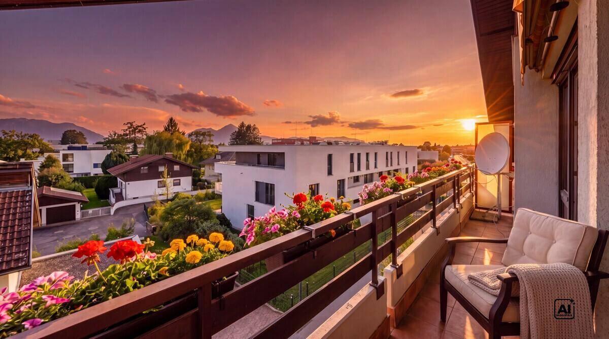 Balkon bei Sonnenuntergang mit Blumenkästen und Blick auf die Umgebung.