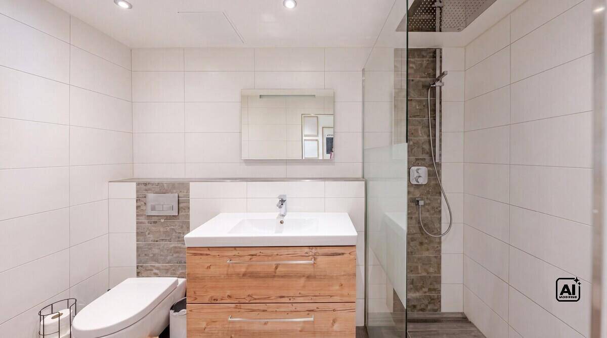 Modernes Badezimmer mit weißen Fliesen, Holzwaschtisch und ebenerdiger Dusche.