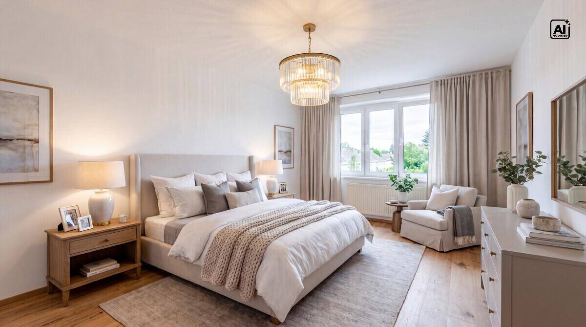 Helles Schlafzimmer mit großem Doppelbett, Holzboden und eleganter Deckenleuchte.